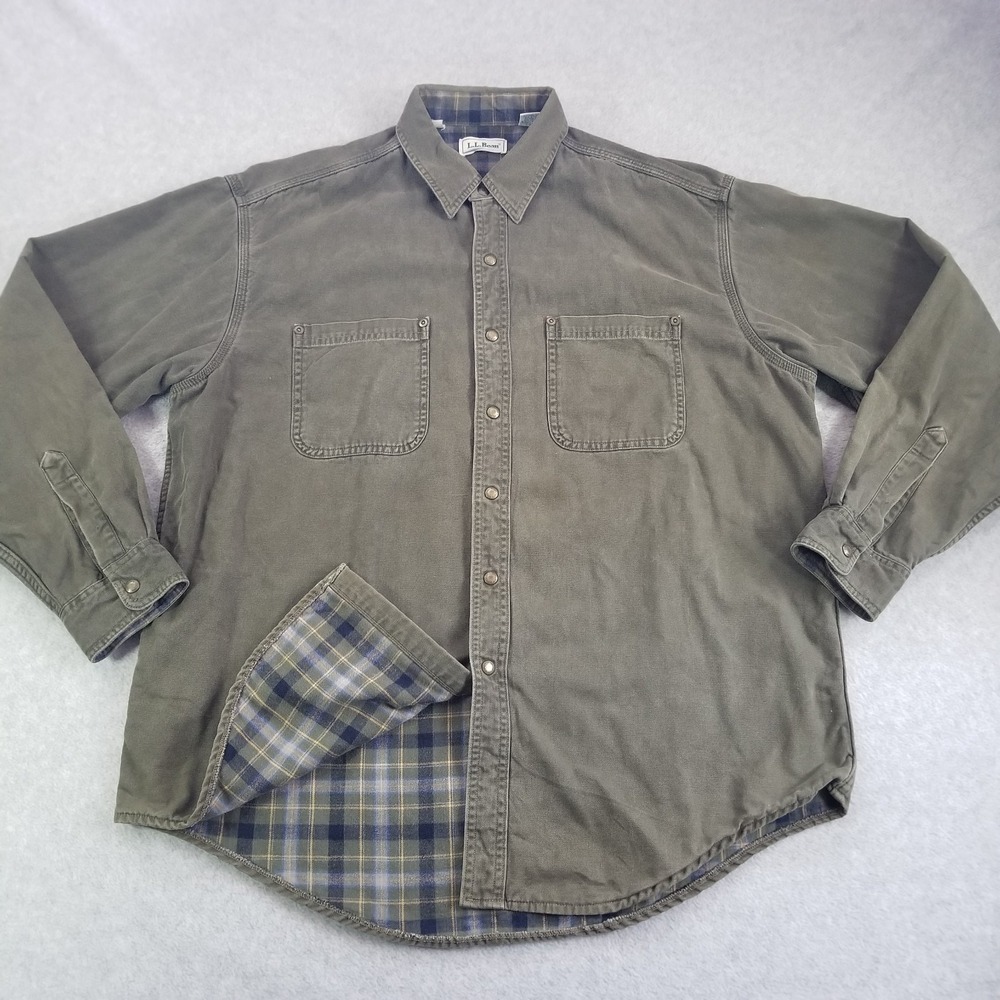 L.L. Bean Hurricane Shirt Mens Large Green Flannel Lined Canvas Cotton Canada